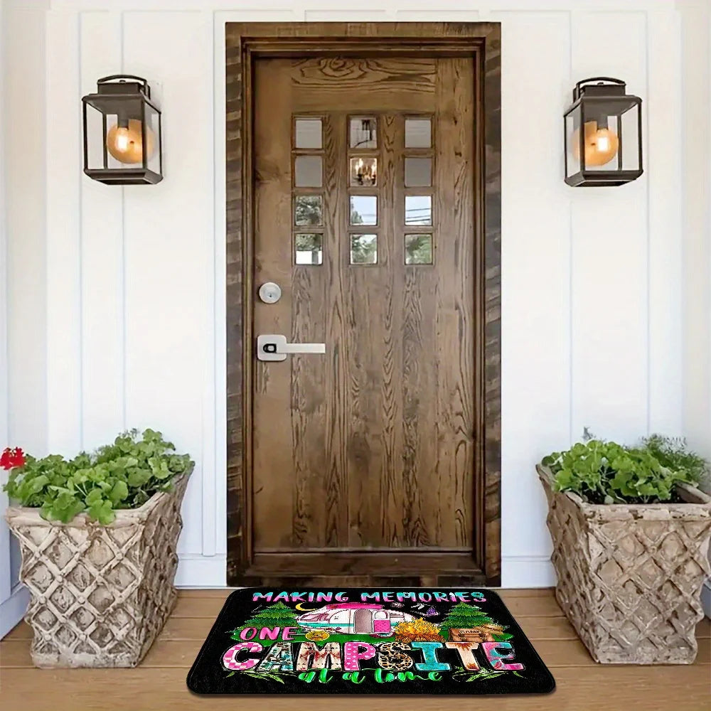 tapis sol moderne imprimé camping noir rose blanc vert bleu beige doréextérieur porte
