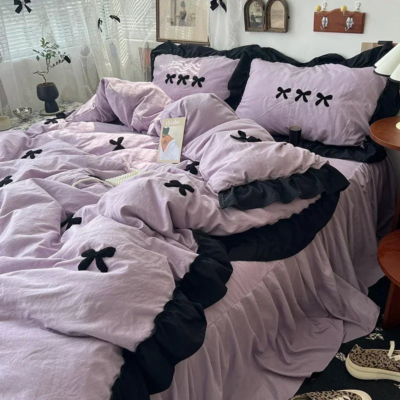 ensemble literie housse couverture taies nœuds noirs volants blancs filles doux