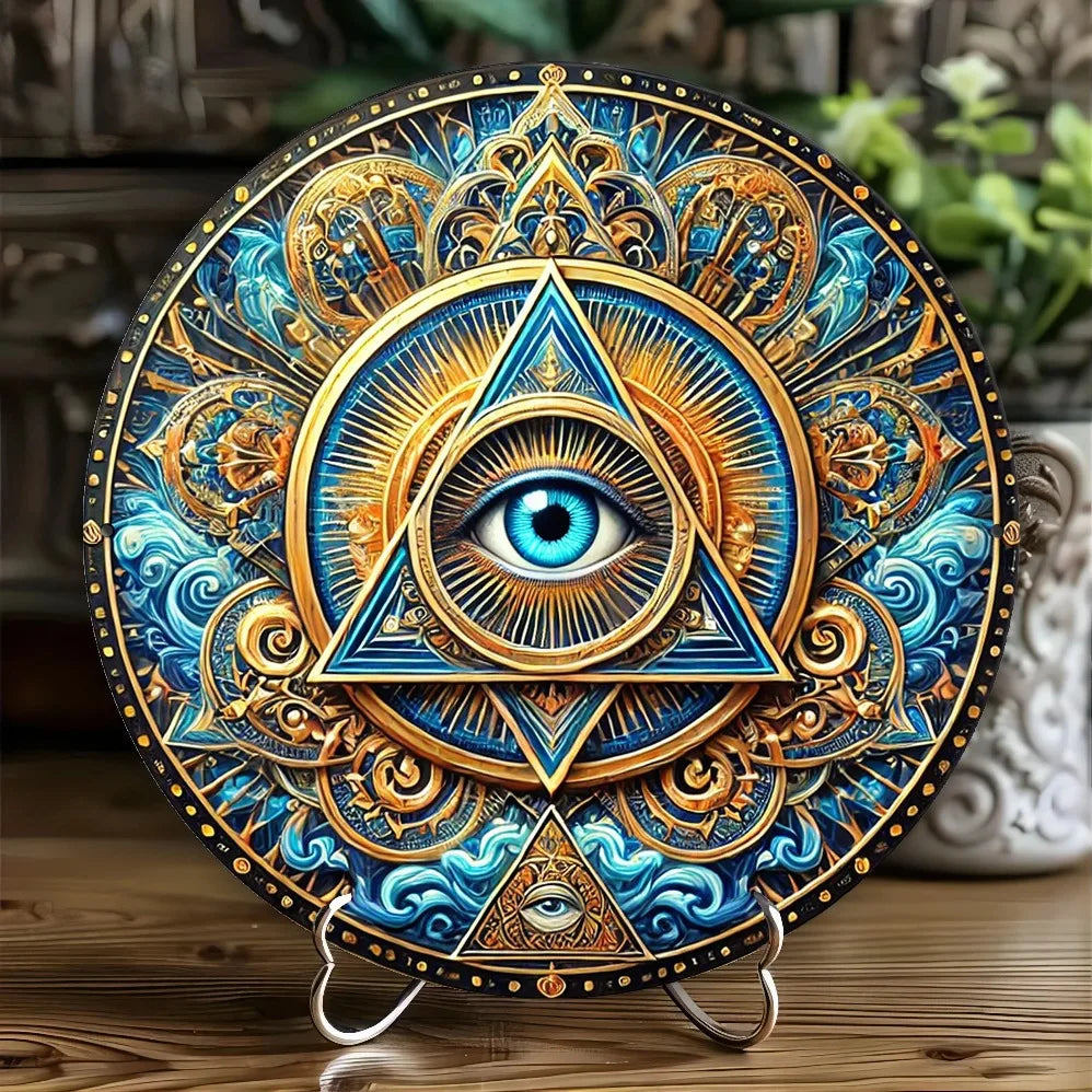 plaque décorative bleu doré moderne oculaire symbole art nouveau mystique aluminium mur rond