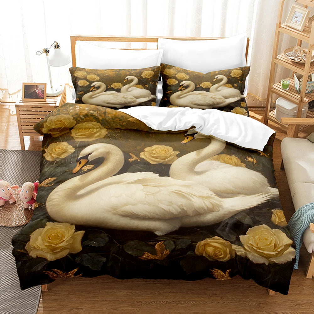 parure lit housse couette taies d'oreiller cygnes blancs roses dorées motif floral