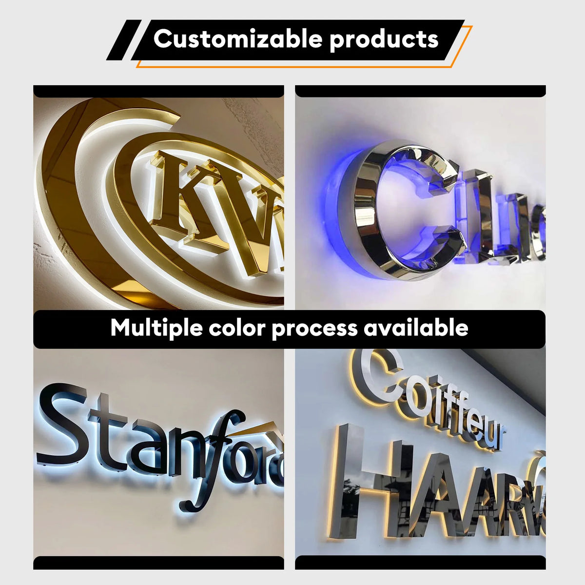 enseigne lumineuse moderne lettres relief couleur noire blanche dorée éclairage led opaque salon magasinextérieur