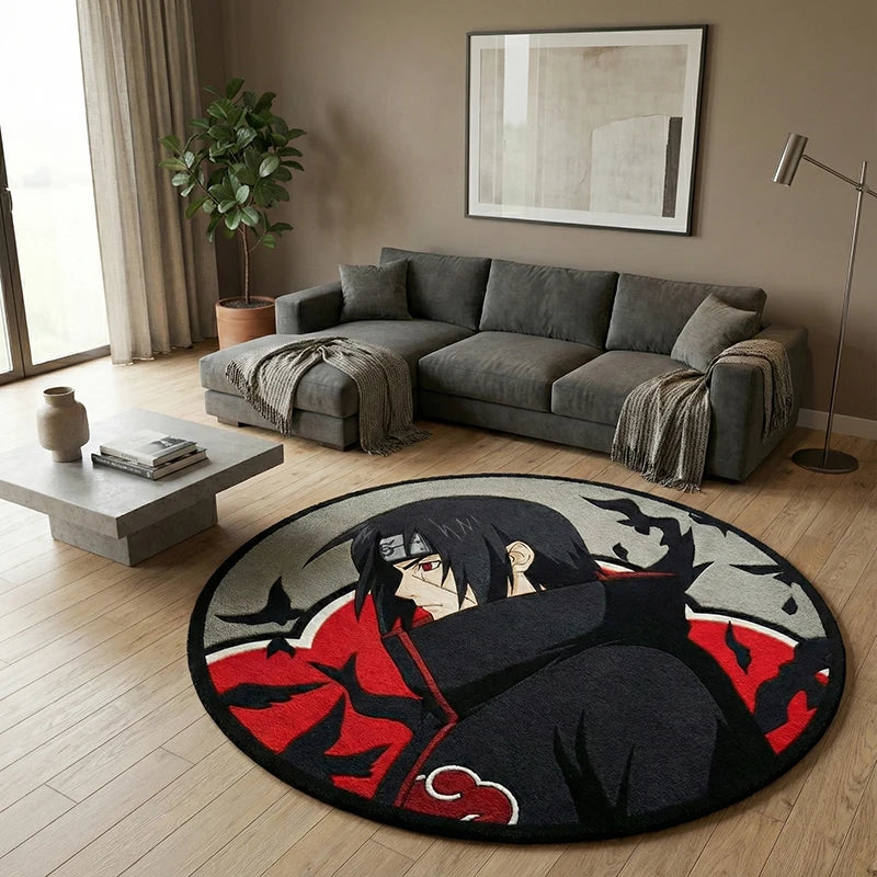 tapis rond dessin animé itachi uchiha gris noir rouge moderne chambre salon 80cm 100cm