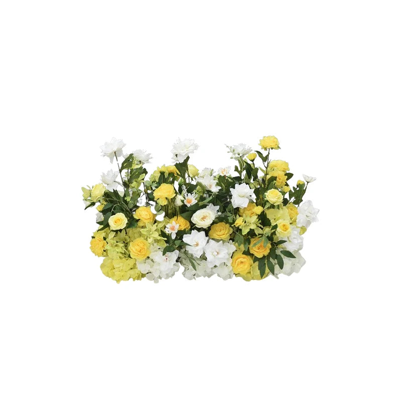 décoration florale artificielle mariage extérieur roses jaunes blanches hortensias verts