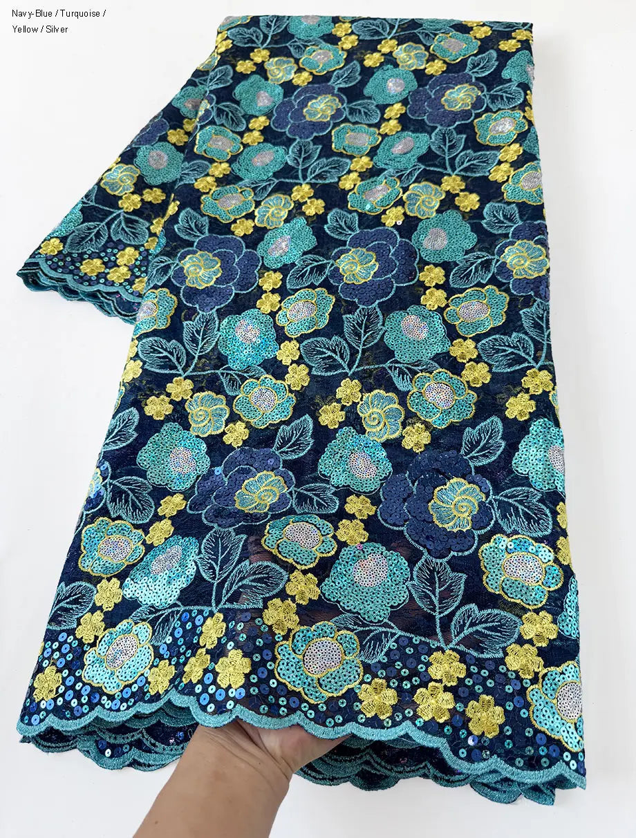 tissu dentelle brodée fleurs sequins bleu marine turquoise violet rose blanc mariage écologique