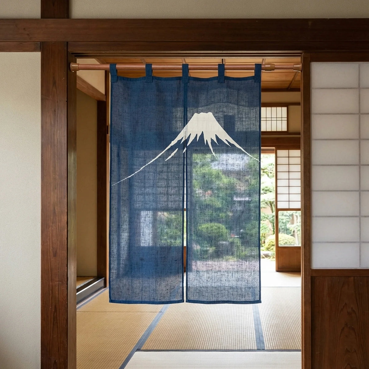 tringle métallique rideau japonais semi transparent bleu foncé motifs floraux mont fuji grues calligraphie