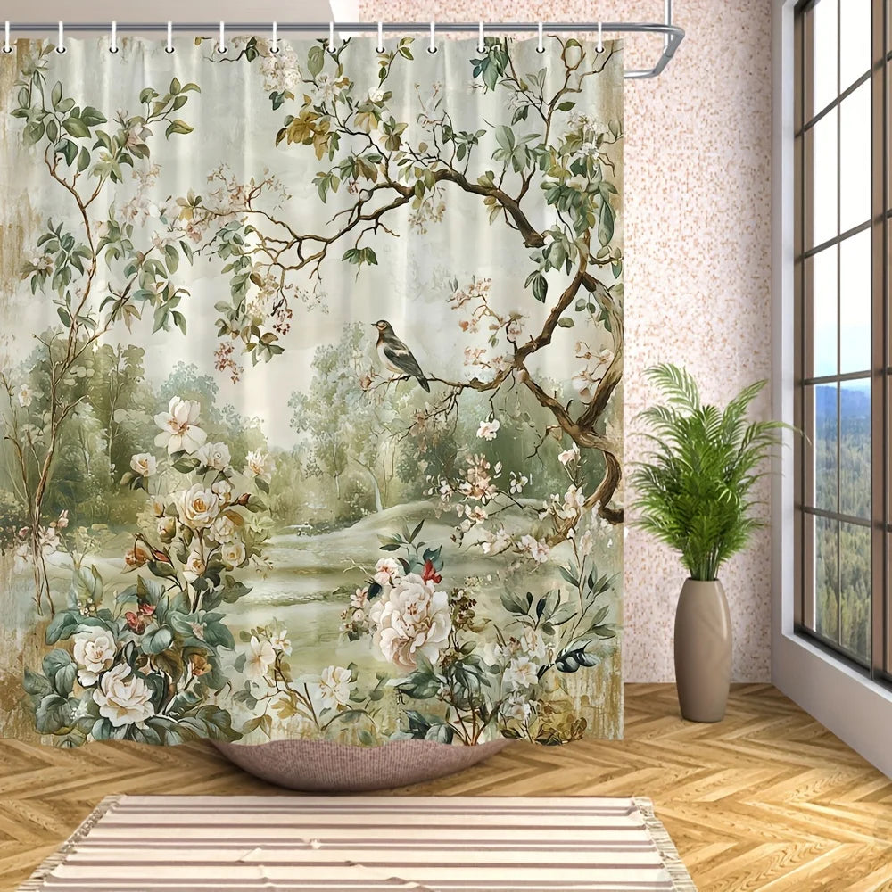 rideau douche floral vert beige blanc rose marron classique romantique résistant l'eau polyester hand