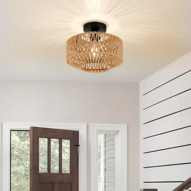 plafonnier suspendu rotin tressé rustique lampes salon chambre semi transparent E27