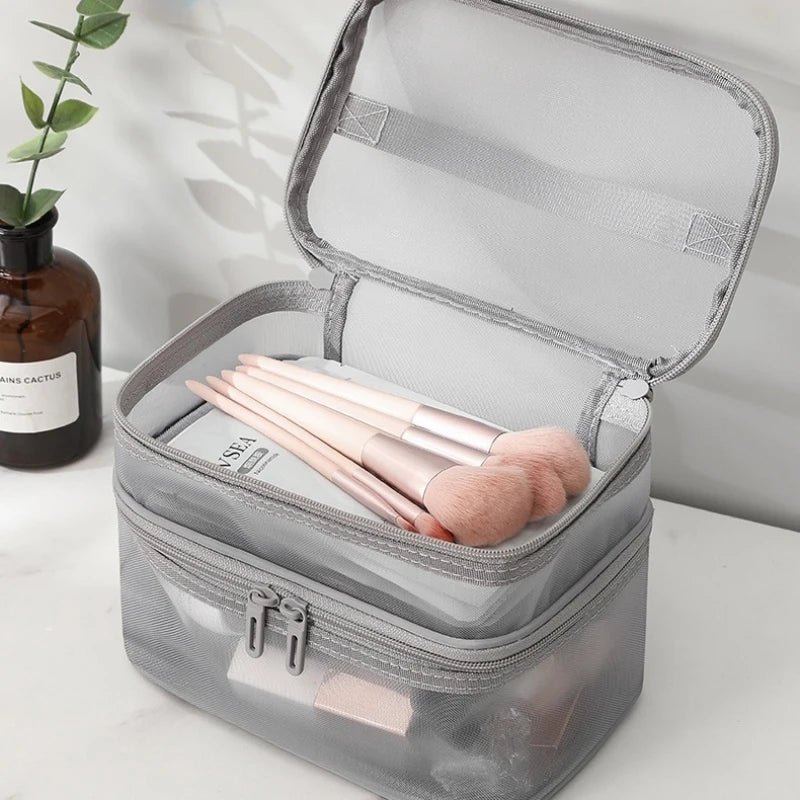 sac maquillage noir maille moderne poignée cosmétiques pinceaux maquillage rangement salle bain