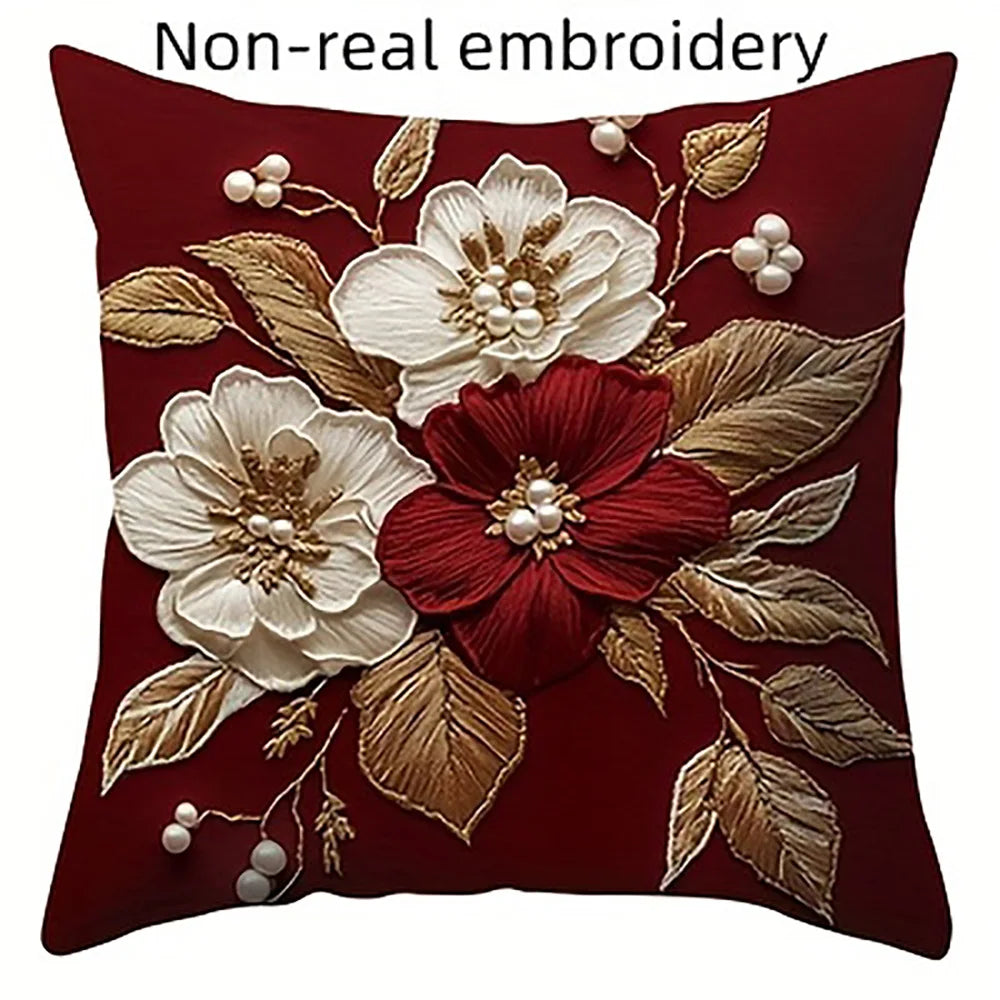 taies d'oreiller décoratives motif floral rouge bordeaux coussins carrés polyester 45x45cm décoration maison hospitalière