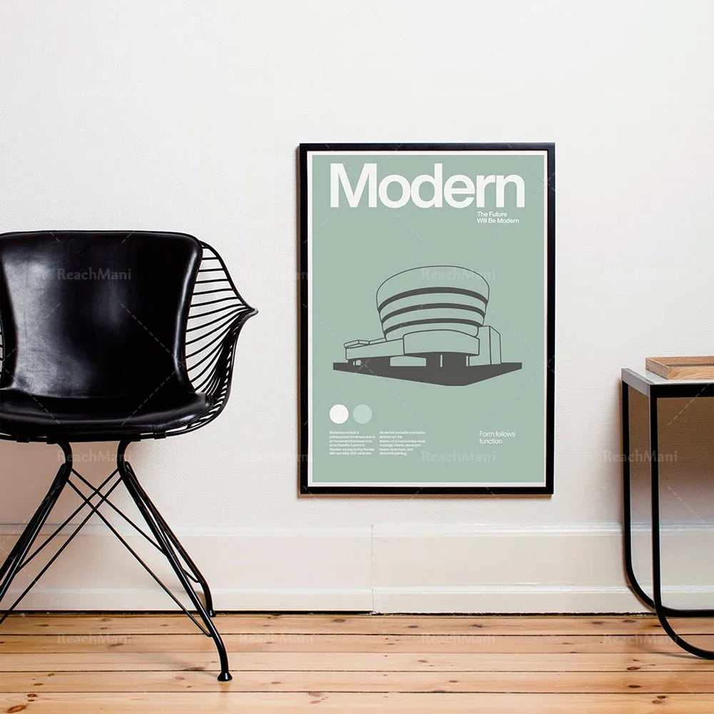 affiche moderne graphique minimaliste noir blanc vert clair contemporaine building abstraite toile cadre vertical