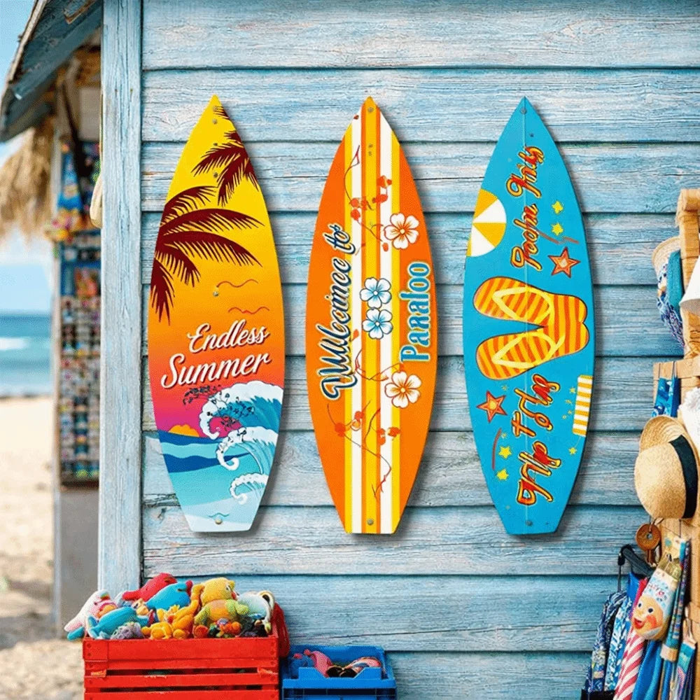 planches surf décoratives palmiers vagues géométriques été orange jaune bleu tropical