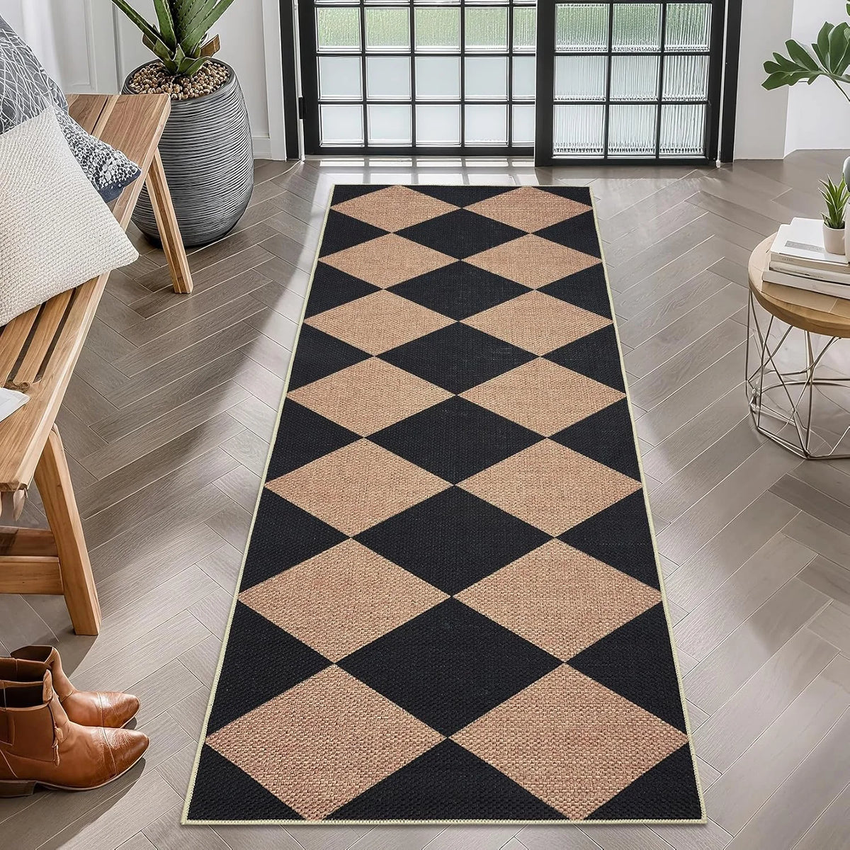 tapis moderne noir beige carreaux géométriques antidérapant polyester extérieur sol légèrement rugueux
