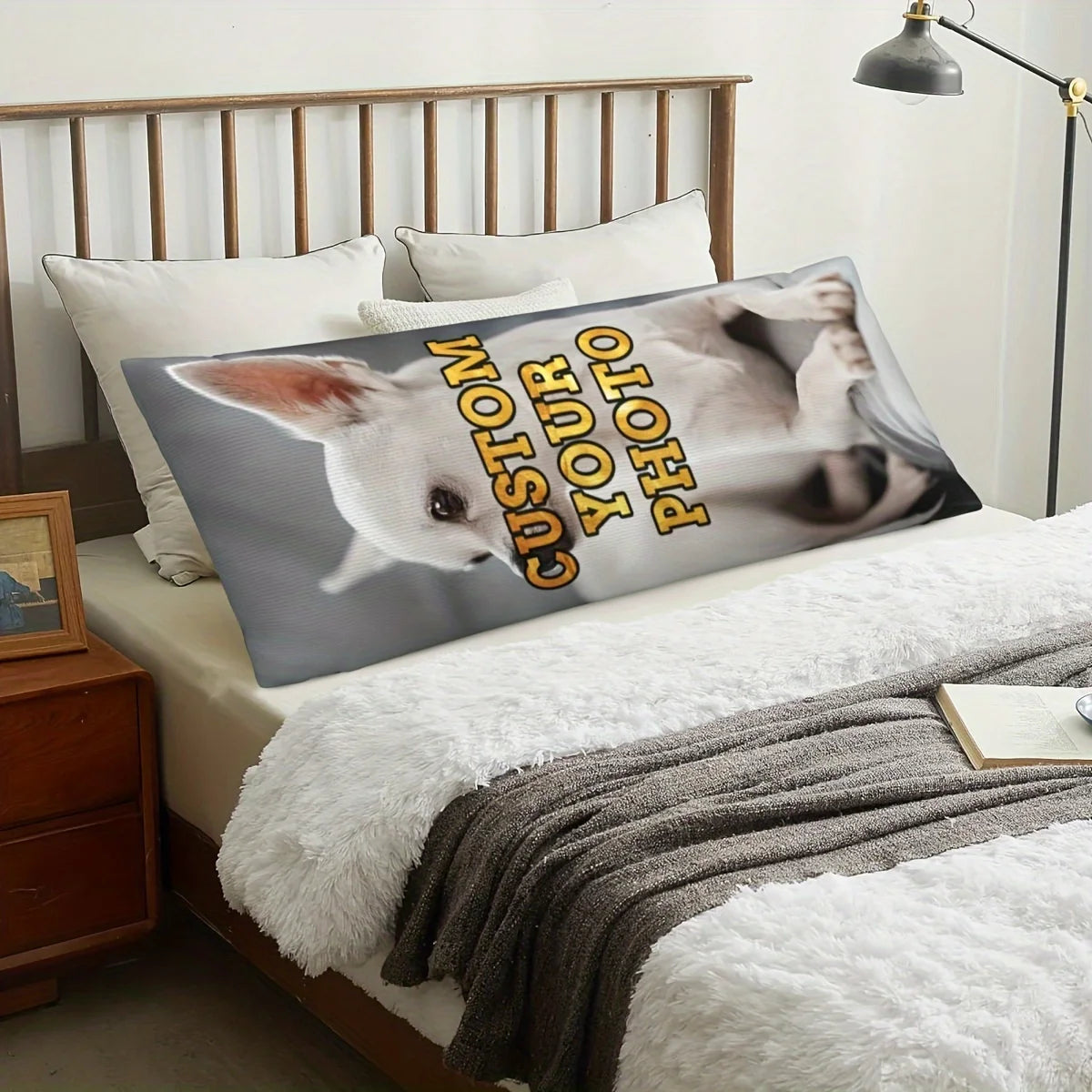 coussin personnalisable photo chien blanc gris moderne 100 polyester zip invisible 50x137cm