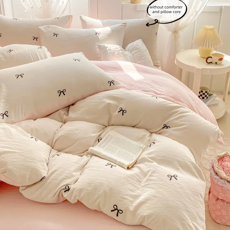 ensemble literie moderne blanc rose nœuds papillon housse couette taies d'oreiller doux polyester serge