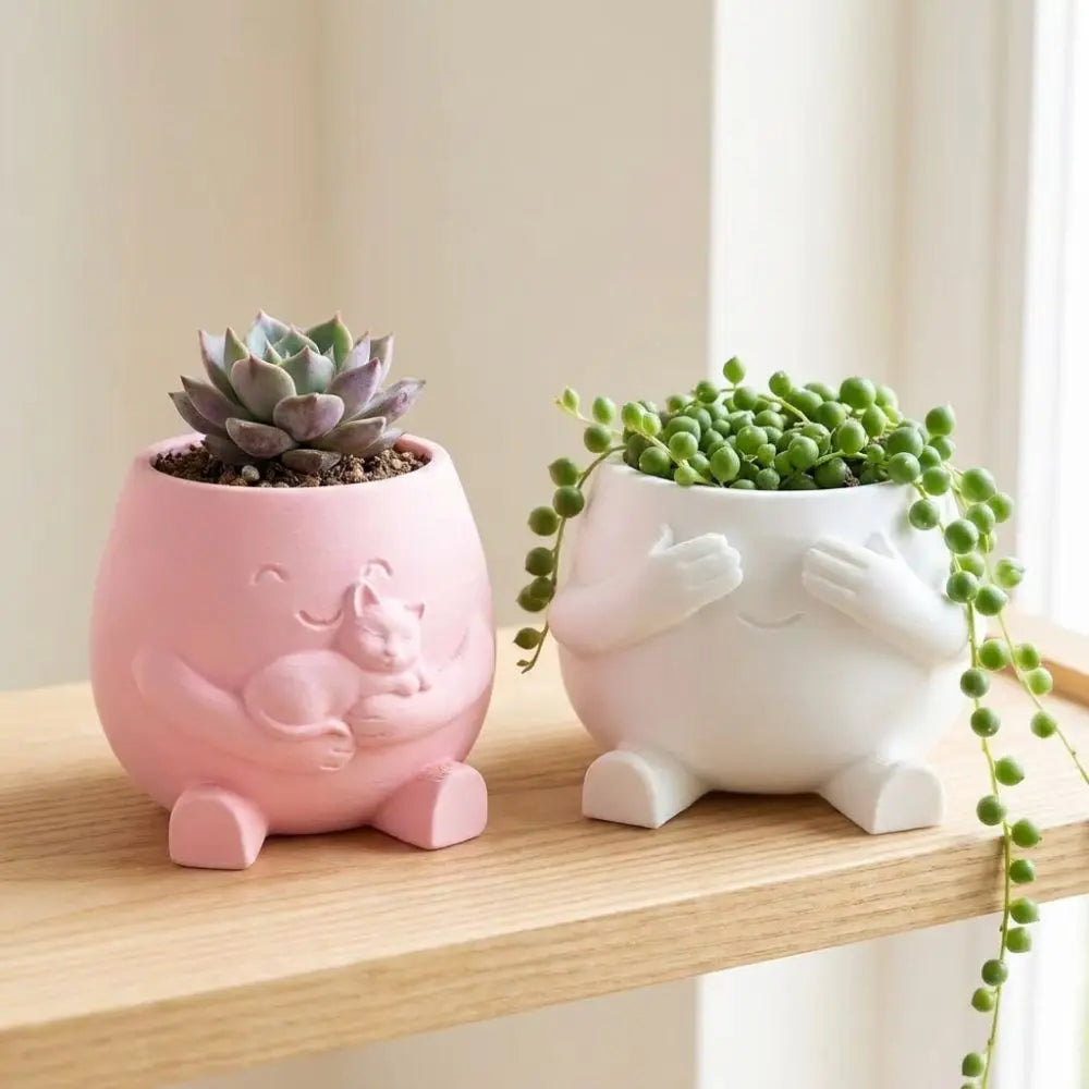 cache pot mignon rose clair blanc cactus succulentes visage souriant chaton cartoon opacité