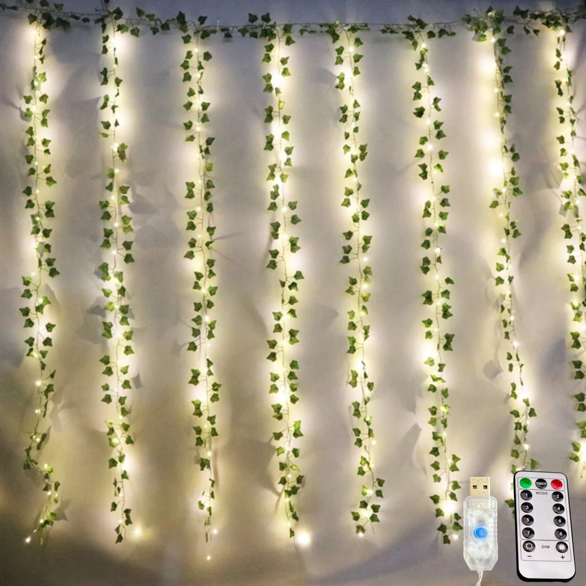 guirlande lumineuse feuilles vertes lierre lumière blanche moderne décoration chambre vacances télécommande usb