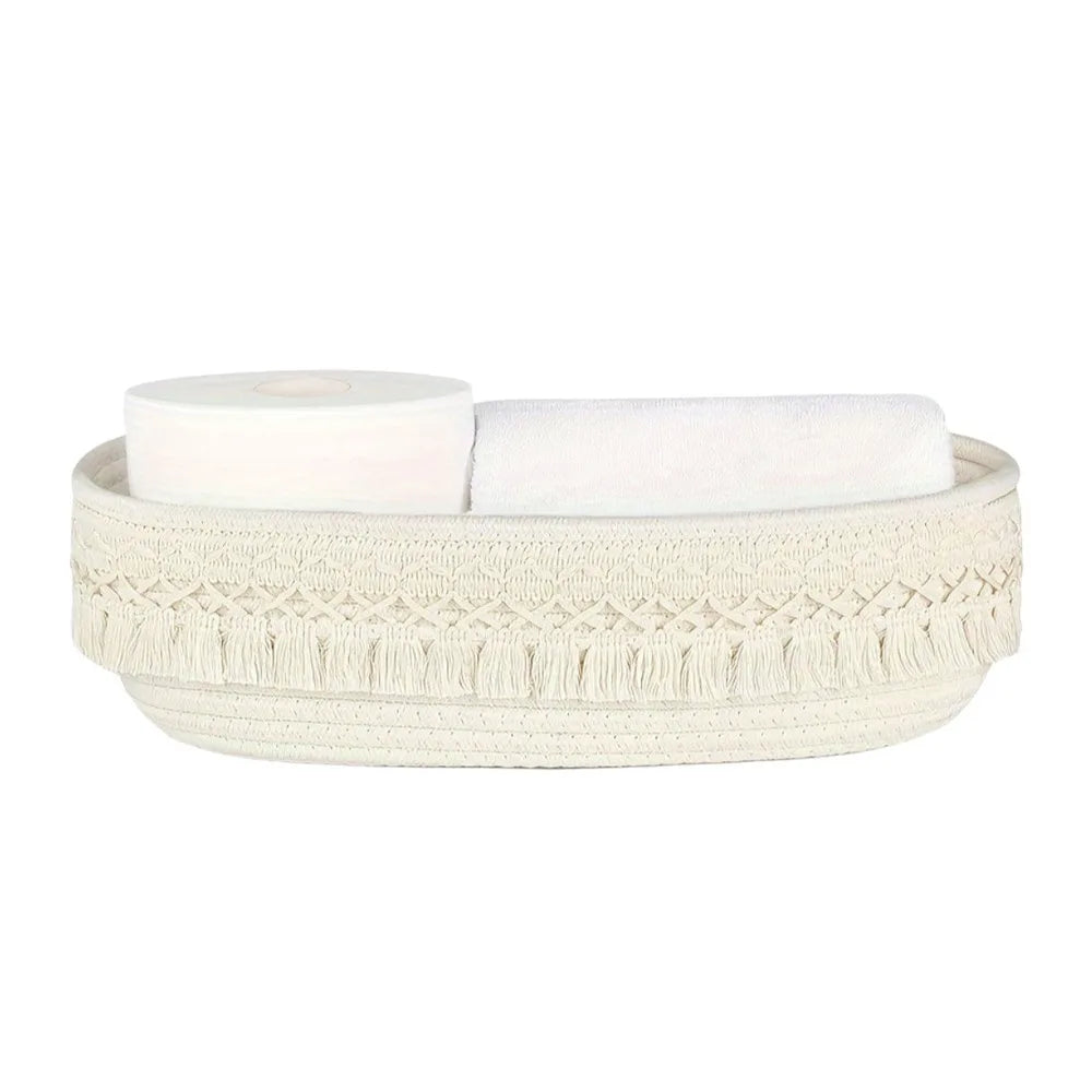 panier tissé boho chic beige noir franges rangement cosmétiques réutilisable multifonction opacité