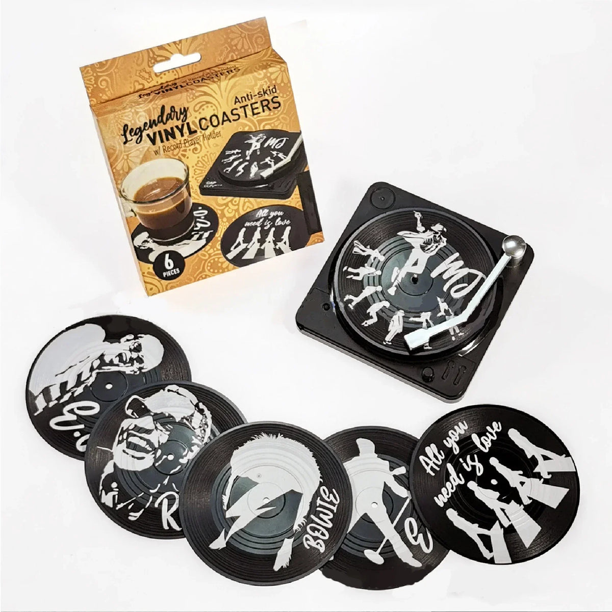 coasters vintage rockabilly noir motifs disques vinyle blancs résistants chaleur antidérapants plastique respectueux environnement