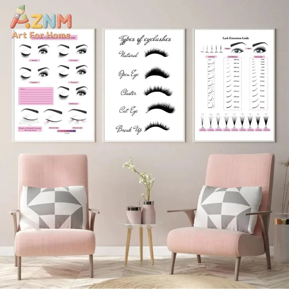 guide extension cils tableau mural décoration salon beauté illustration technique tailles cils rose