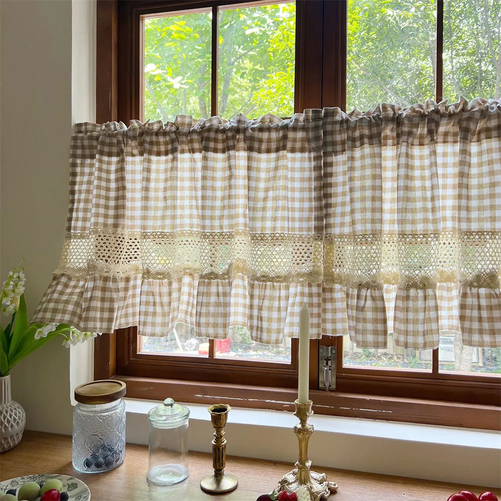 rideau vintage beige carreaux crochet polyester opacité rustique cuisine fenêtre