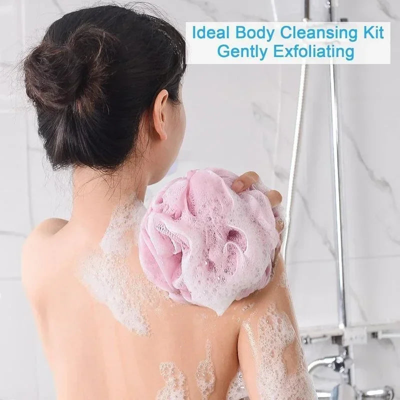 boule bain éponge nettoyage douce maille fine fluffy moderne rose clair vert anneaux noirs