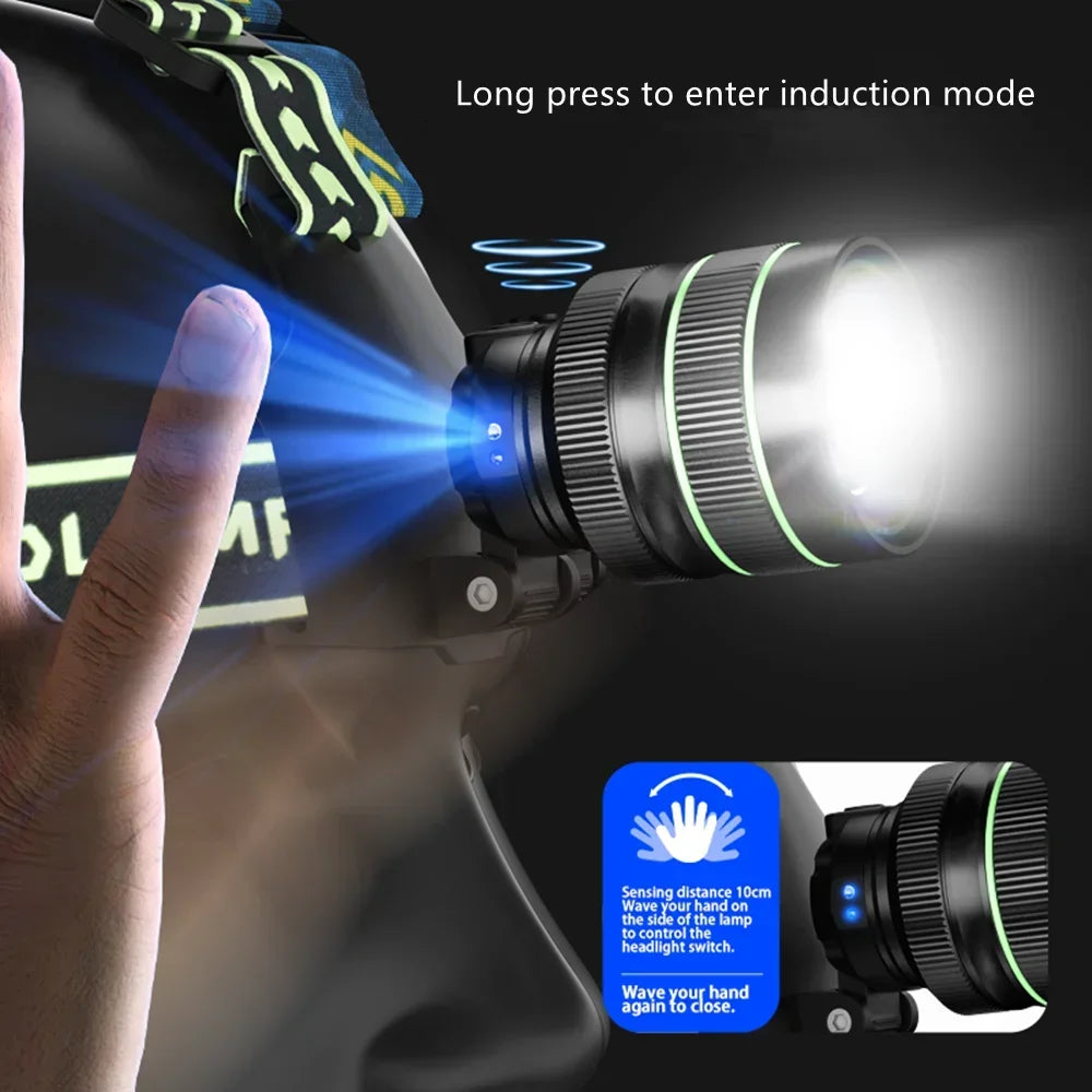 lampe frontale rechargeable led noire rayures vertes hiking camping 60w batterie usb