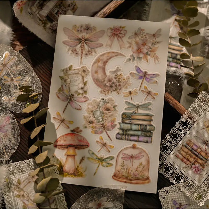 autocollants fleurs libellules champignons papillons romantiques vintage scrapbooking diy junk journal album loisirs créatifs