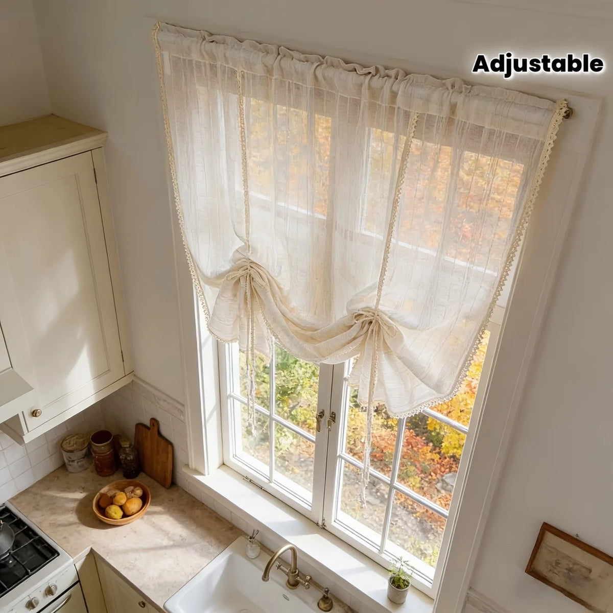 rideau voilage lin blanc cassé crème champêtre rustique bohème translucide tringle cordon nœud