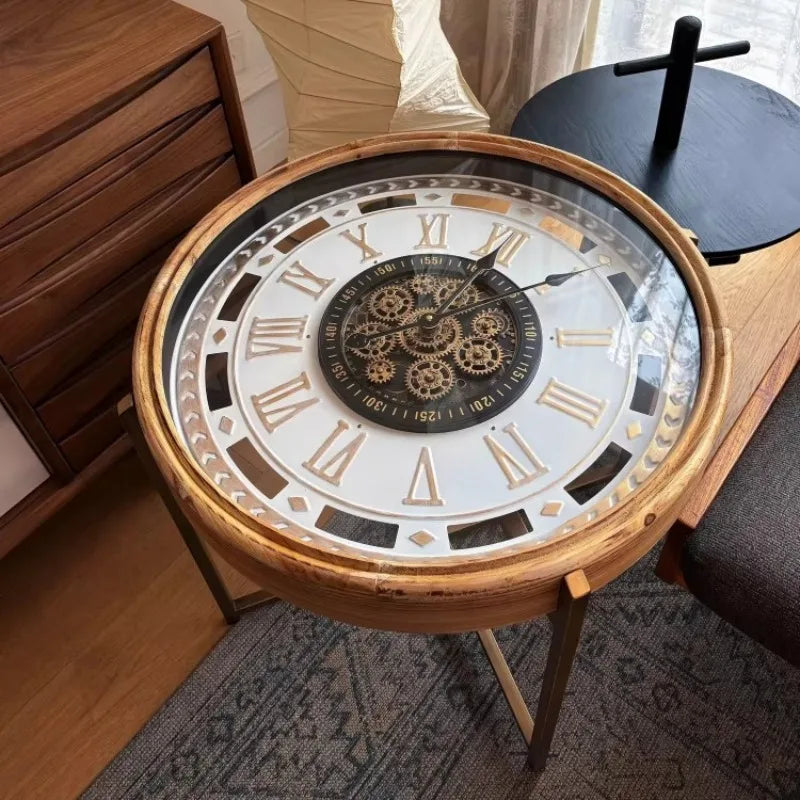 table basse industrielle métal verre transparent ornements horlogers vintage ronde