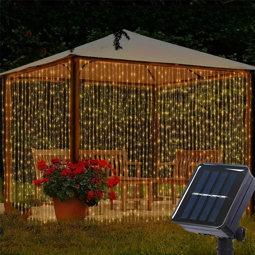 rideau lumineux solaire 100 200 300 led jaune blanc multicolore modes décoration patioextérieur