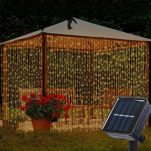 rideau lumineux solaire 100 200 300 led jaune blanc multicolore modes décoration patioextérieur
