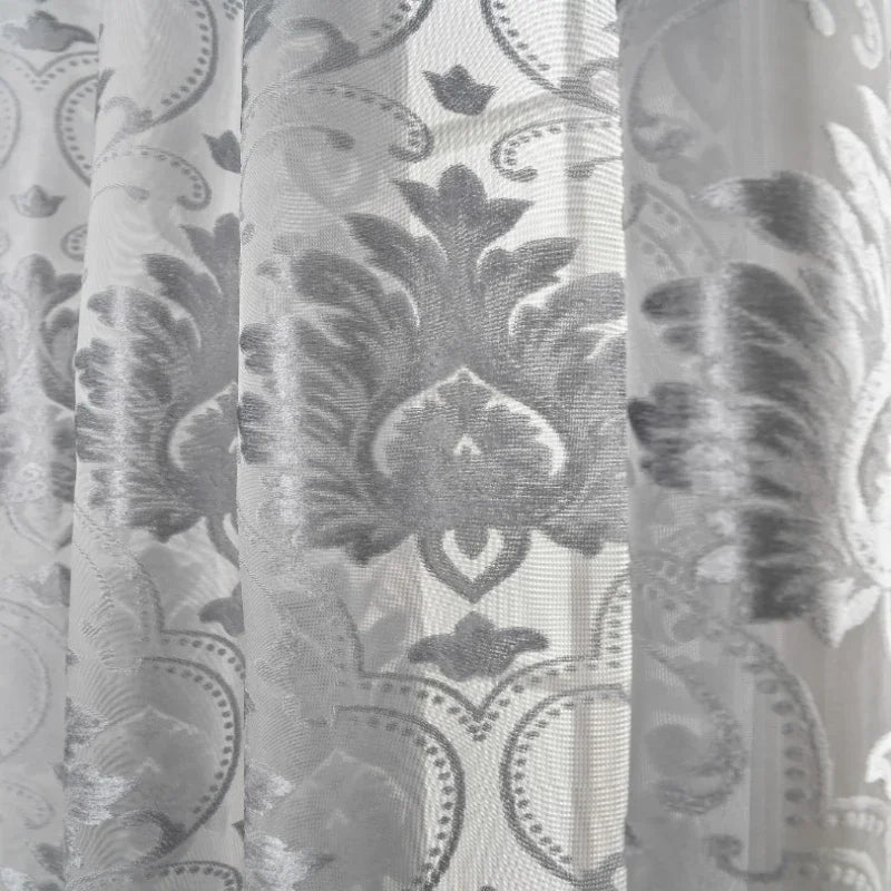 rideau gris brodé motif floral élégant semi transparent salon chambre moderne