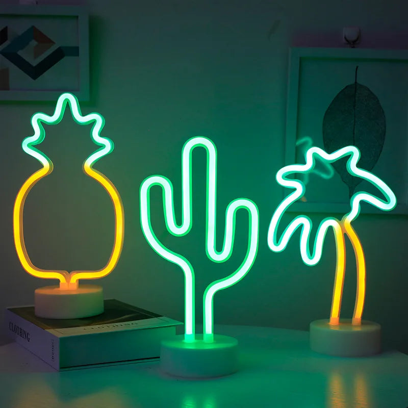 lampe néon vert rose jaune cactus flamant ananas moderne décoratif intérieur usb batterie