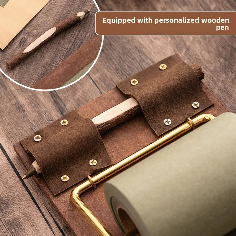 support papier autocollant vintage cuir marron vert thé clips métal doré stylo bois