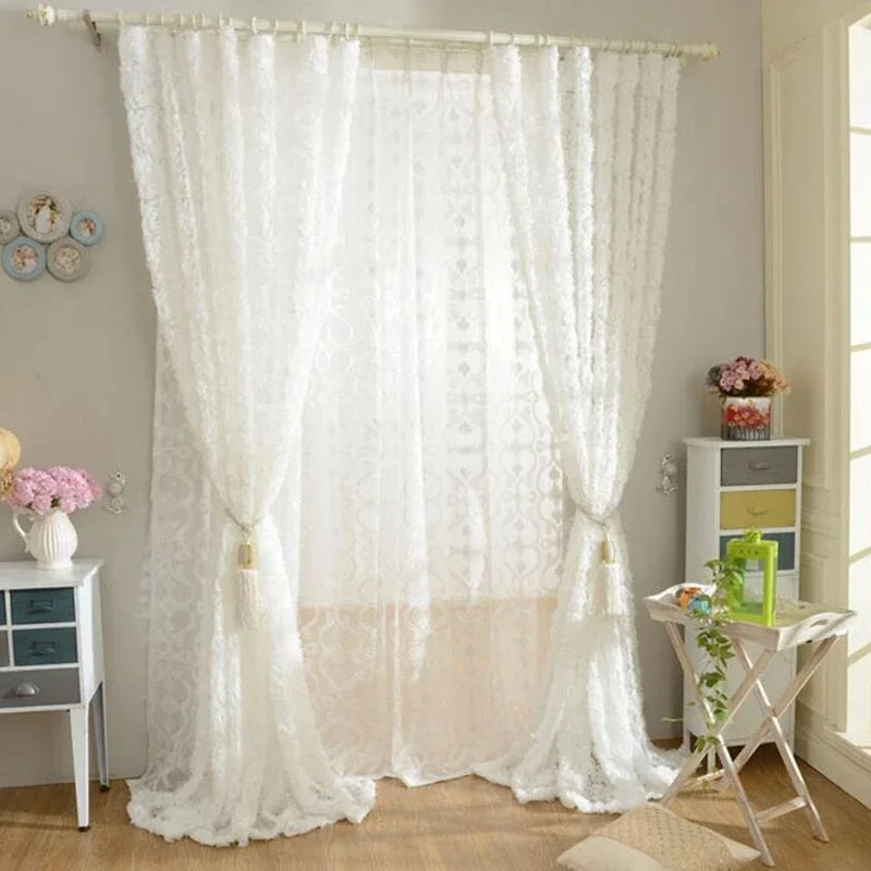 rideau blanc fleur brodé tulle transparent romantique fenêtre française anneaux suspensionhôtel maison pastorale