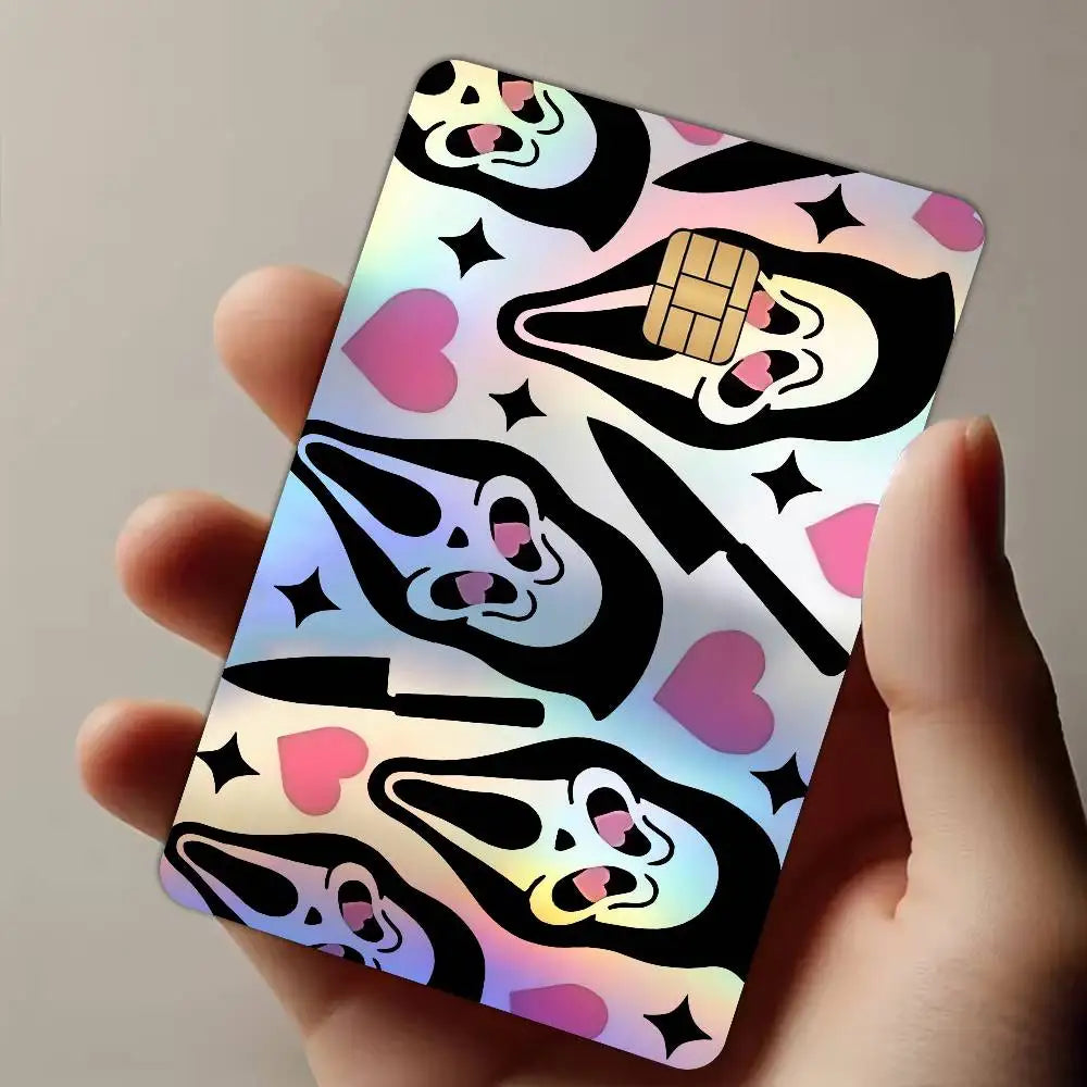 autocollants cartes bancaires effet laser pop art masques effrayants multicolores réutilisables