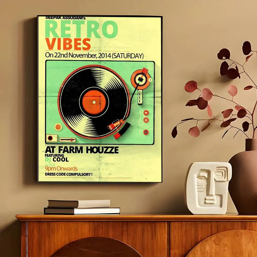 affiches murales vintage rétro disques vinyle illustration cassette audio chambre décoration noire orangée