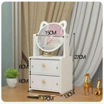 meuble rangement blanc moderne tiroirs miroir rond compartiments cosmétiques