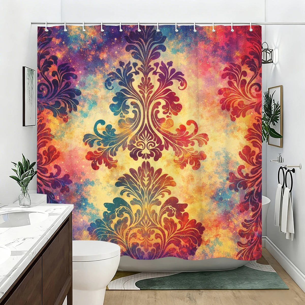 rideau douche moderne multicolore motifs floraux opaques fleurs sourires boutons 12 crochets plastique durable