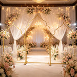 arches décoratives mariage métal or blanc rose fleurs tissu transparent élégant arcs autoportantes base