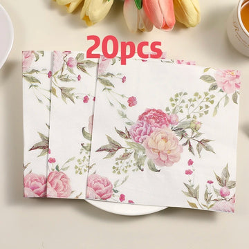 serviettes papier floral pivoines rose blanc decoration table mariage anniversaire festive