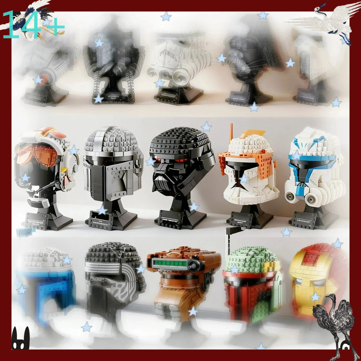 casque personnage collection science fiction briques construction socle exposition détails réalistes noir blanc