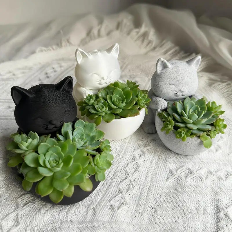 cache pot forme chat texture cuir moderne noir blanc gris drainage succulentes cactus chambre