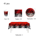 décoration fête thème halloween arbre nu serviettes assiettes tasses bannières rouge noir