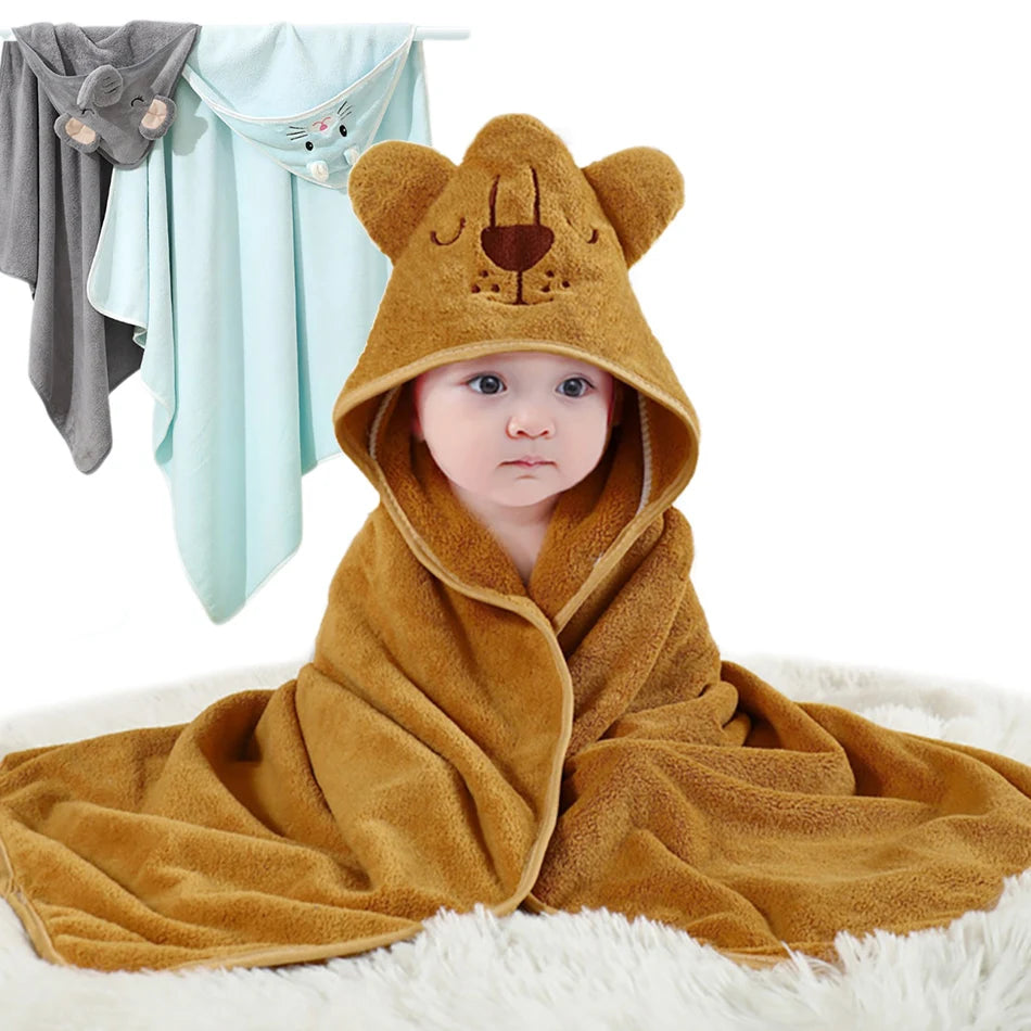 serviette bébé capuche animaux motifs doux microfibre brodés marron bleu gris rose verte