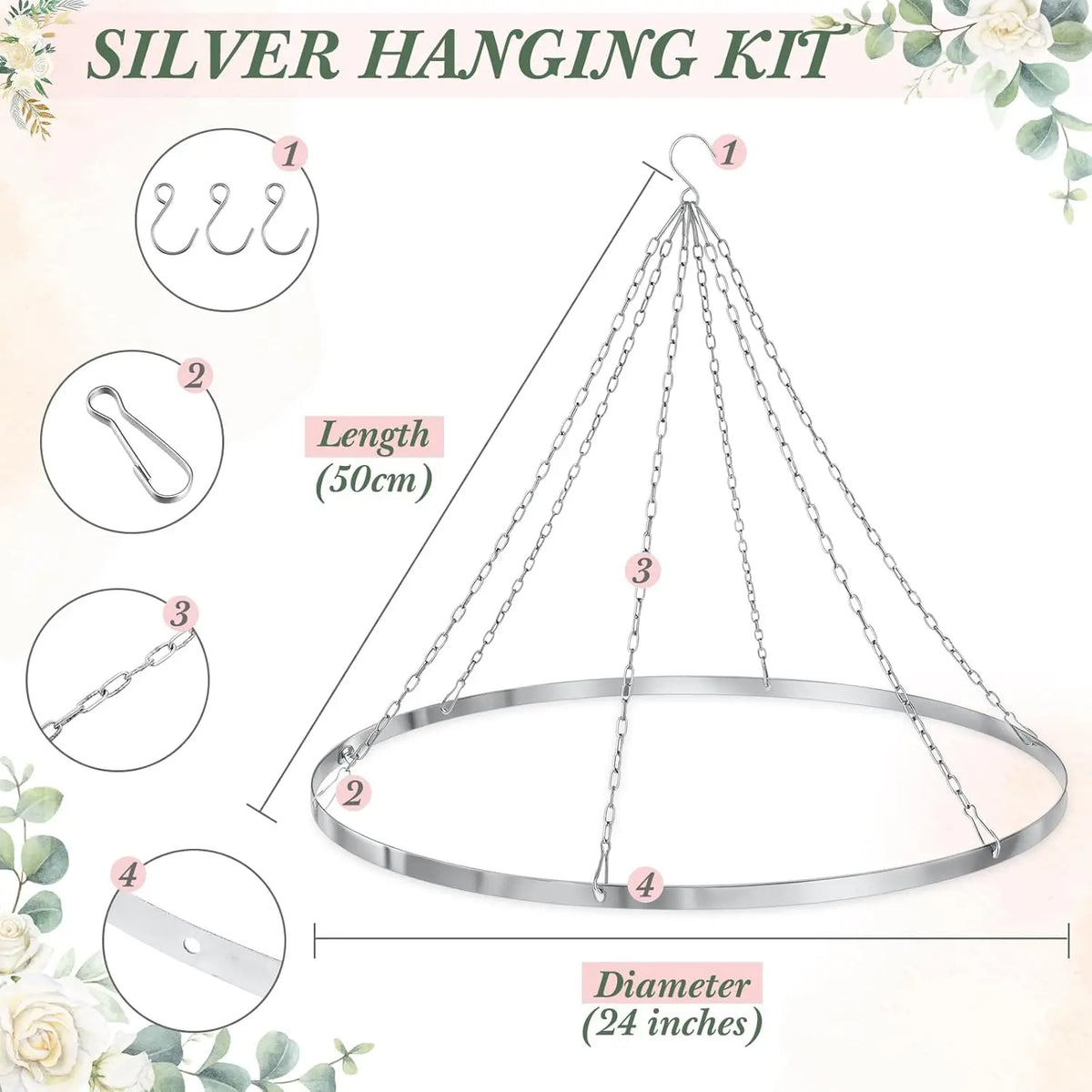 suspension rideau kit argenté moderne 14 chaînes 30cm diamètre 24 pouces
