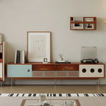 meuble bas tv console mid century bois tiroir étagère murale transparente