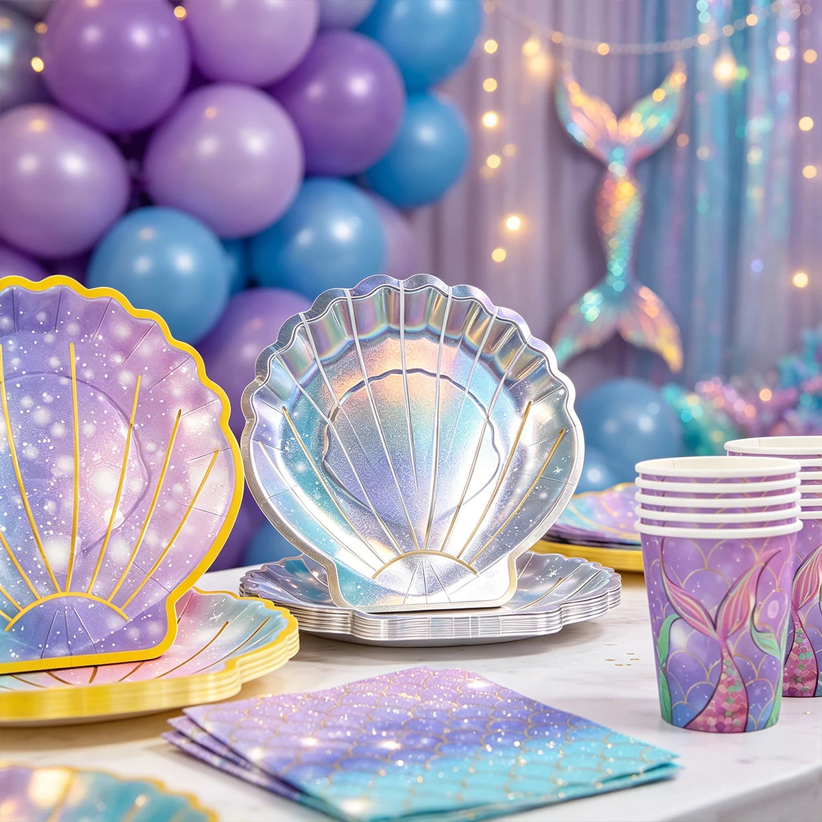 vaisselle jetable sirène violet bleu paillettes assiettes gobelets serviettes mariage anniversaire festives
