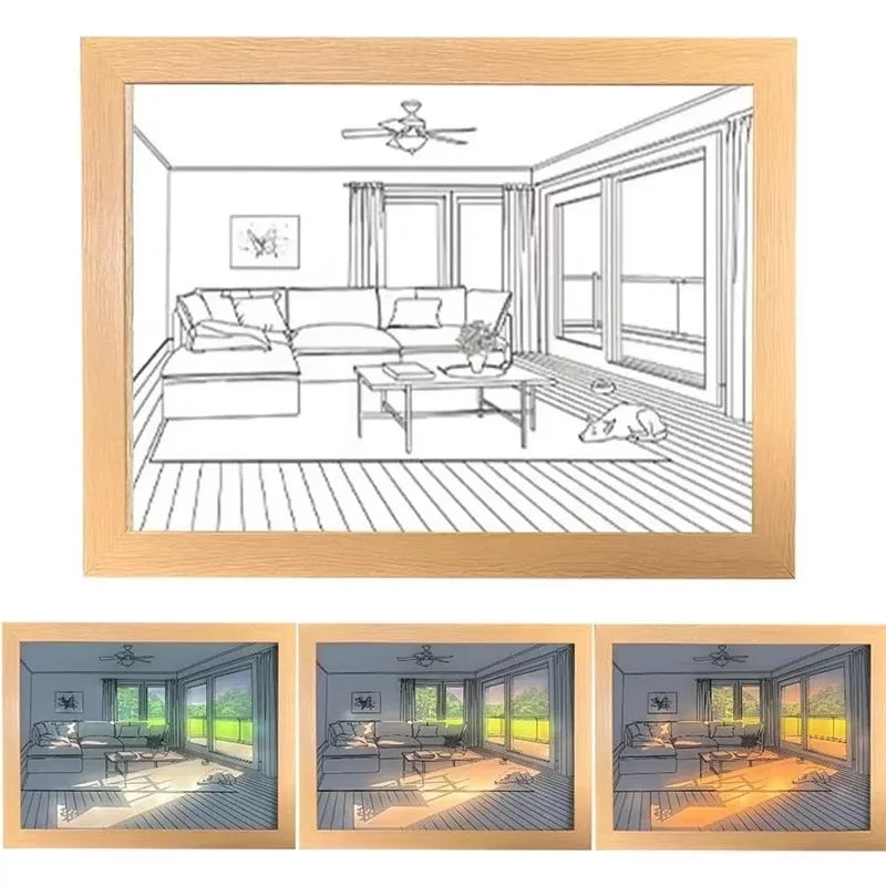 lampe ambiance rectangle cadre photo monochrome diffusion lumiere texture bois moderne