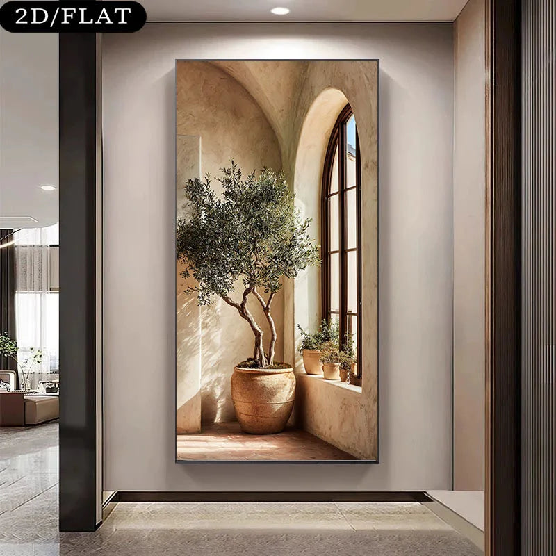 tableau moderne paysage architectural arbre fenetre plante beige vert brun sans cadre toile murale